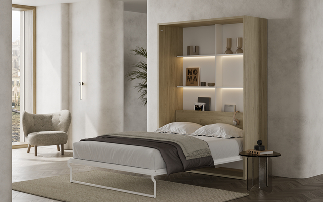BASIC - Cama Abatible Basic Vertical con Sofá y con Estantes